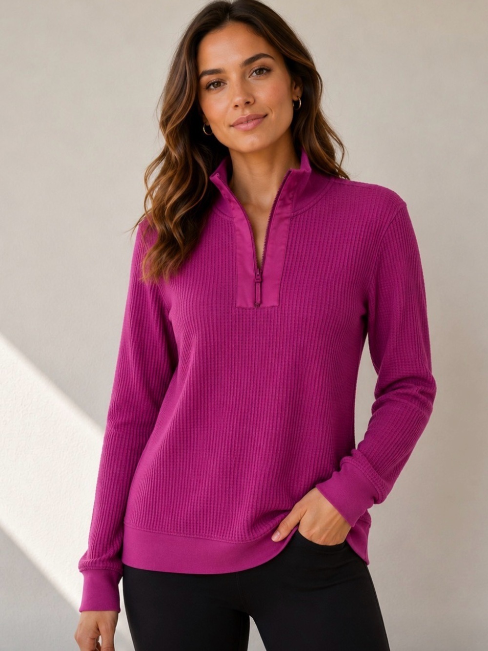 Lands End Pink Purple Waffle Knit Quarter Zip Long Sleeve Pullover Sweater Shirt